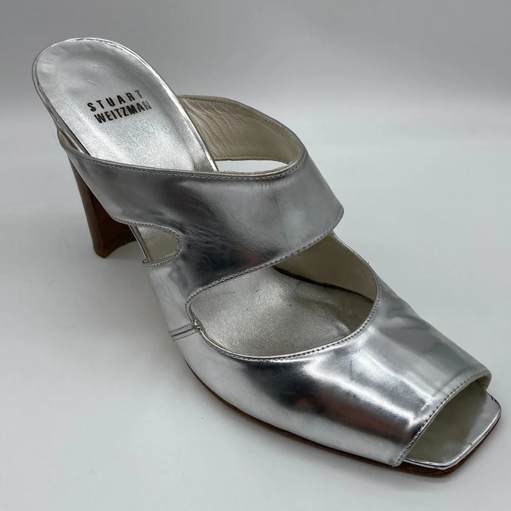 Stuart Weitzman Double Strap Slide Heeled Sandals in Silver - Size 9M